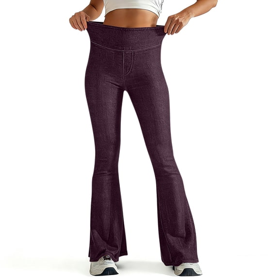YueHuiYing Women's Solid-Color Stretch Denim Double-Pocket Leggings Fitness Loose-Fit Casual Skinny Bell-Bottom Pants