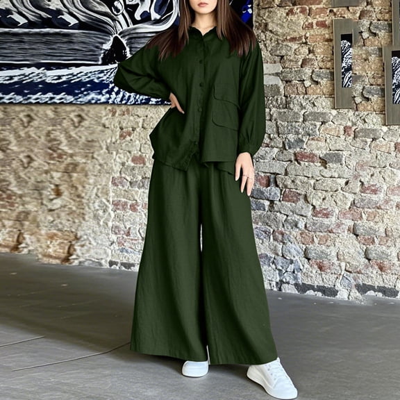 YueHuiYing Women‘s Solid Color V-neck Pants Set Casual Home Two-piece Set Long Sleeved V-neck Pajamas Set