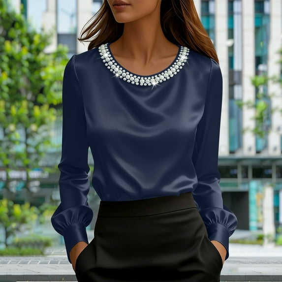 YueHuiYing Women's Solid Fashion Elegant Round Neck Pearl Embellished Gorgeous Satin Long Sleeved Round Neck Top
