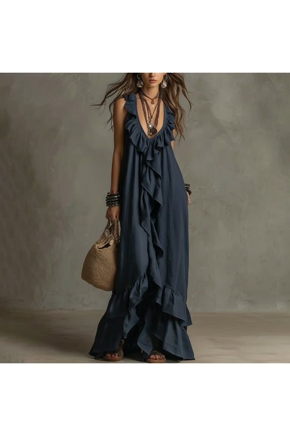 Women's Spring Deep V Neck Ruffle Irregular Hem Solid Sleeveless Loose Beach Party Maxi Dress