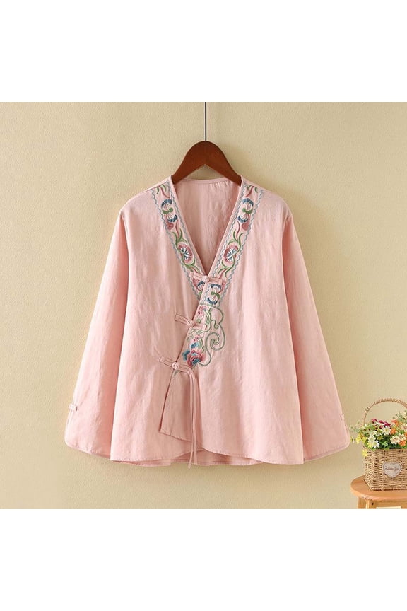 Women's Spring/Summer Casual Cotton-Linen Blend Embroidered Mandarin Collar V-Neck Button-Front Solid Color Short-Sleeve Top