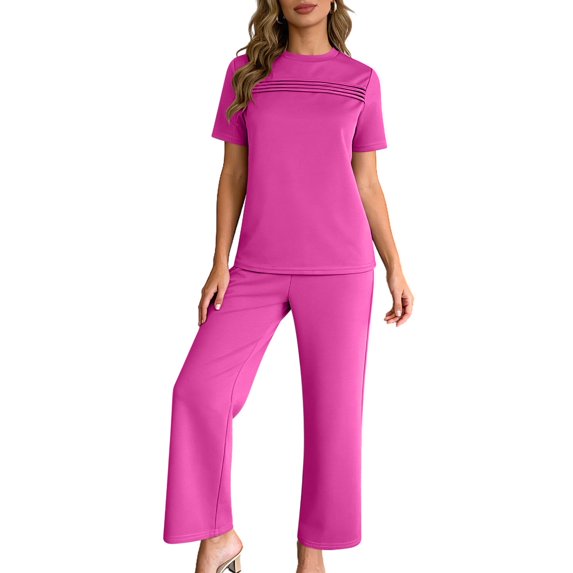 YueHuiYing Women's Spring/Summer New Arrival Comfortable Casual Sports Pleated Short-Sleeve Pocket Pants Solid Color Set