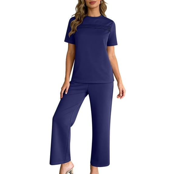 YueHuiYing Women's Spring/Summer New Arrival Comfortable Casual Sports Pleated Short-Sleeve Pocket Pants Solid Color Set