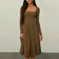 thumbnail image 1 of YueHuiYing Women's Square Neck Long Sleeve Fitted Waist Solid Color Mid-Length Dress Long Sleeve Square Neck Knee-Length Dress, 1 of 5