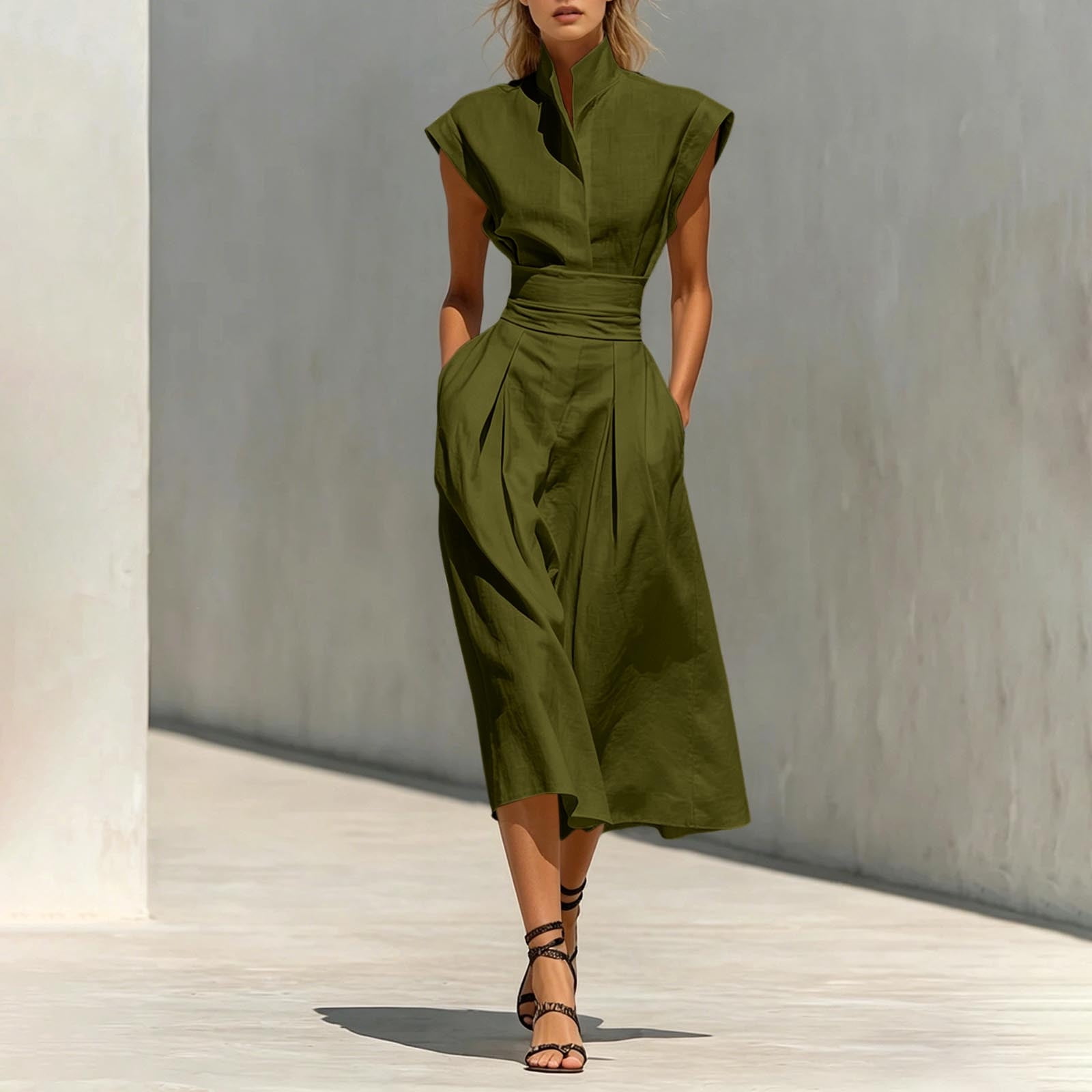ankle length shift dress YueHuiYing Women's Stand-Up Collar Breathable Dress Summer Ankle Length  Shift Dress Side Pockets Simple Maxi Dress