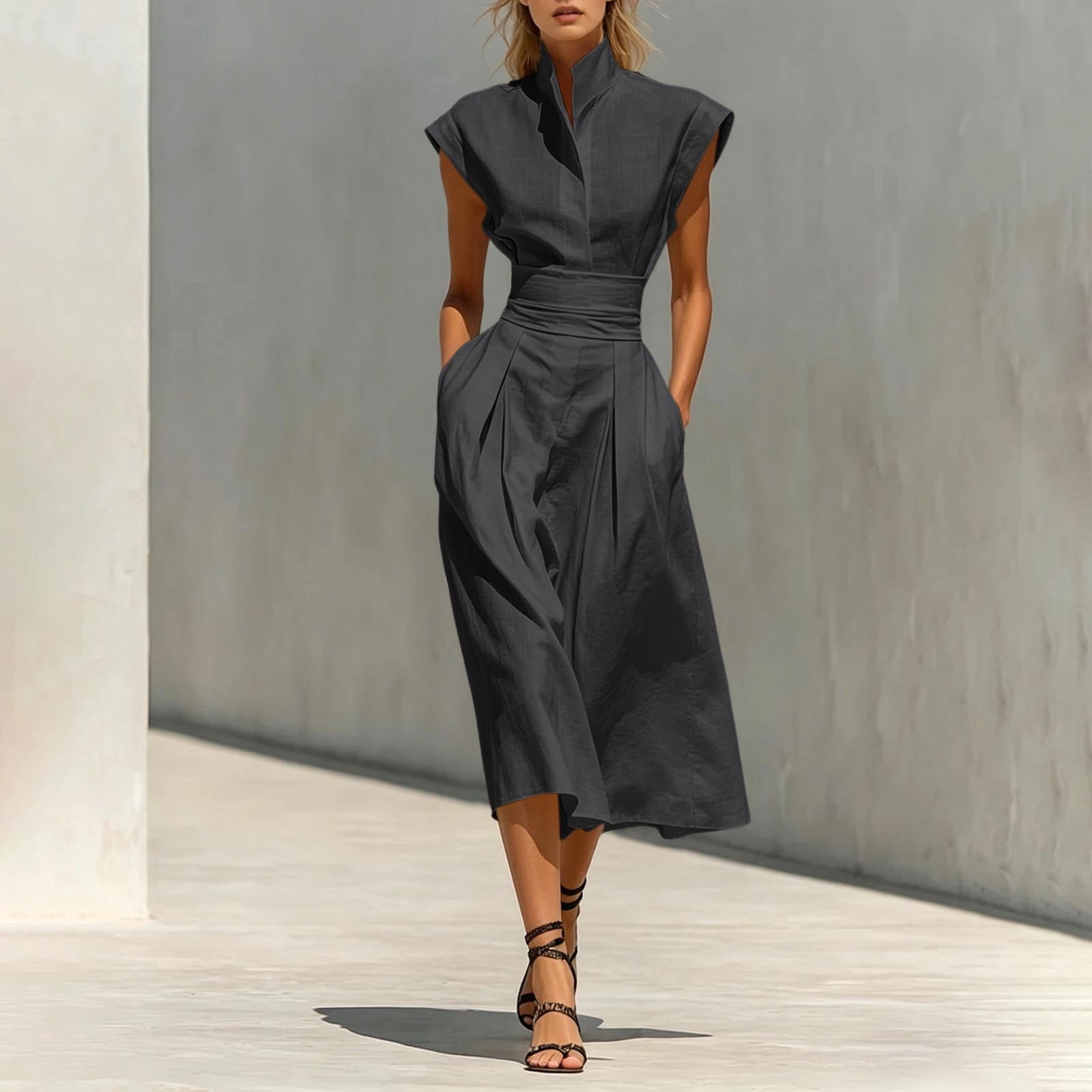 YueHuiYing Women's Stand-Up Collar Breathable Dress Summer Ankle Length Shift Dress Side Pockets Simple Maxi Dress