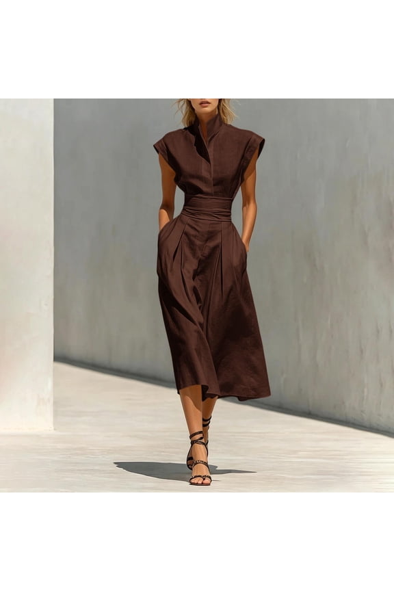 Women's Stand-Up Collar Breathable Dress Summer Ankle Length Shift Dress Side Pockets Simple Maxi Dress