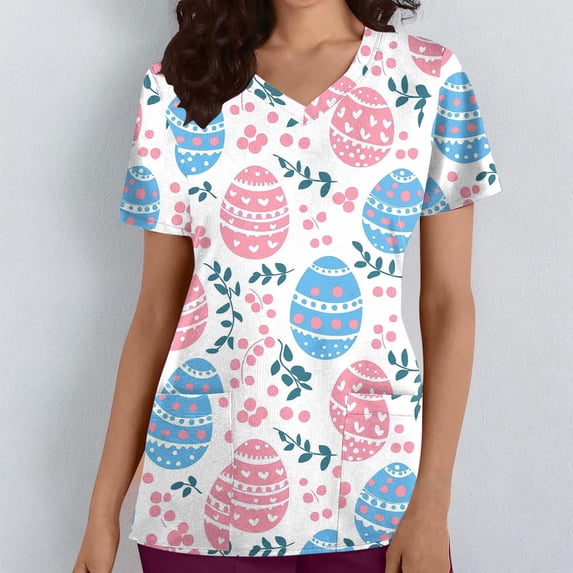 YueHuiYing Women's Stretchy V-Neck Short Sleeve Easter Scrub Tops Cute Bunny and Eggs Printed Nurse Working Uniforms with 2 Pockets