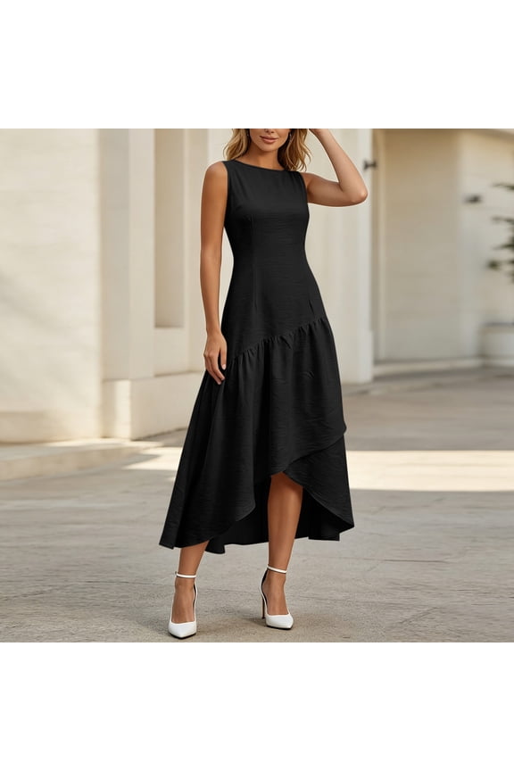 Women's Summer Boat Neck Sleeveless Ruffle Flowy Asymmetrical Hem Elegant Vocation Midi Dress