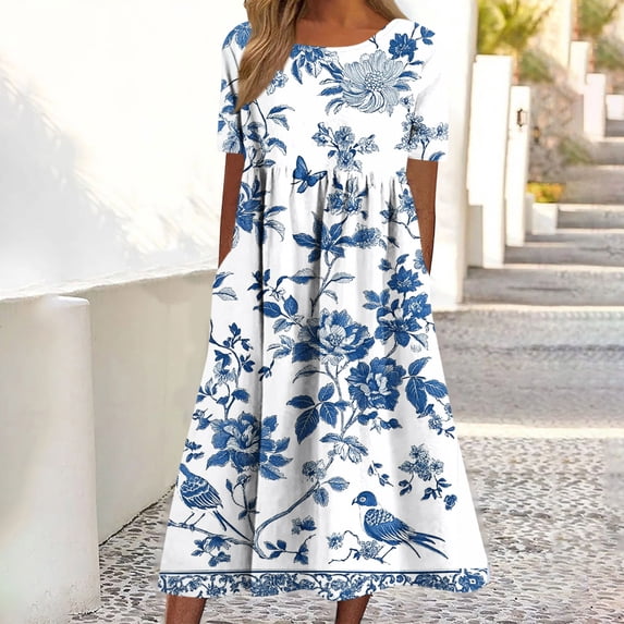 YueHuiYing Women's Summer Casual Blue-and-White Porcelain Print Short-Sleeve Round-Neck Knee-Length Dress