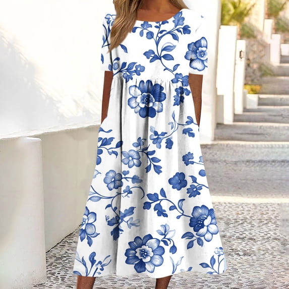 YueHuiYing Women's Summer Casual Blue-and-White Porcelain Print Short-Sleeve Round-Neck Knee-Length Dress