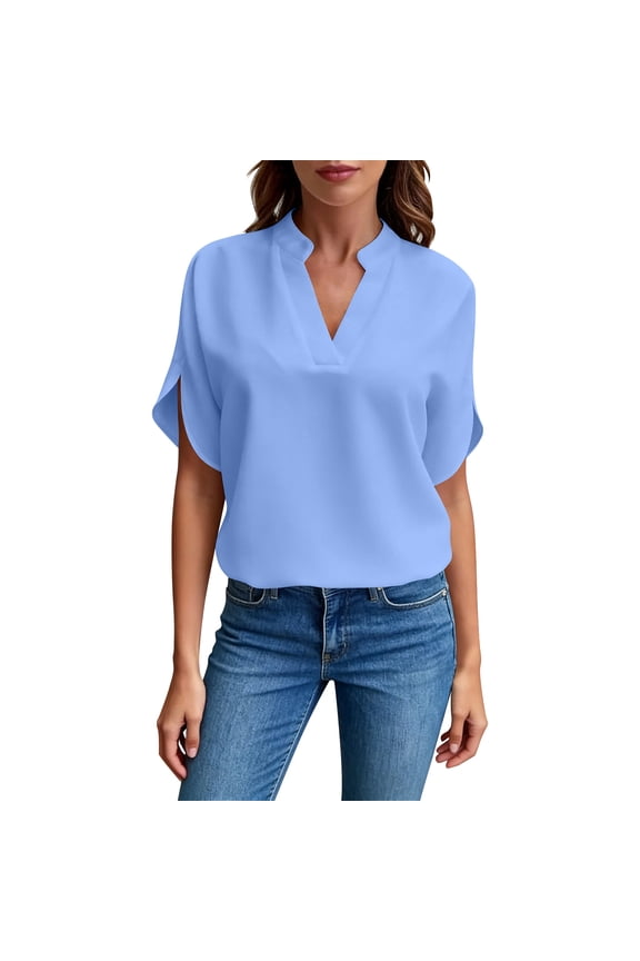 Women's Summer Casual Solid V Neck Loose Fit Blouse Top For Daily Wear Beach Strolls And Weekend Outings