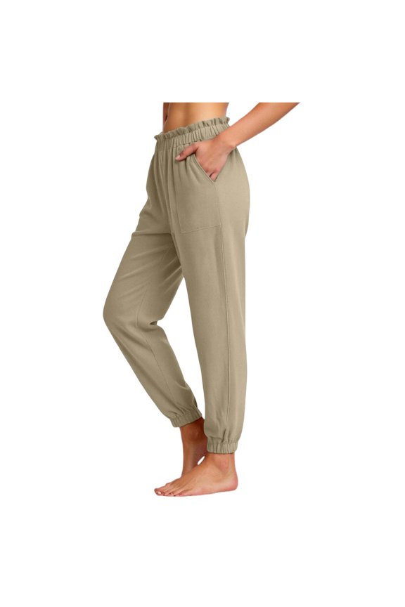 Women's Summer Cotton-Linen Blend Solid Color Relaxed Straight-Leg Pants with Pockets Lace-Trim Waistband and Cuffed Hem