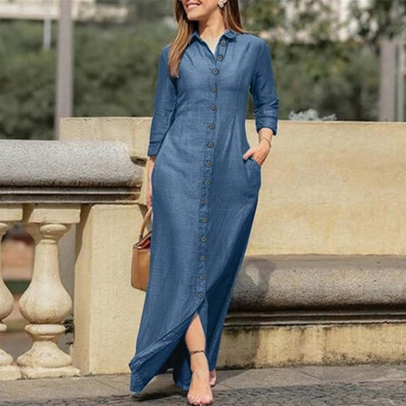 YueHuiYing Women's Summer Denim Shirt Dress Lapel V Neck Short Sleeve Midi Jean Dress Button Down Long Dresses