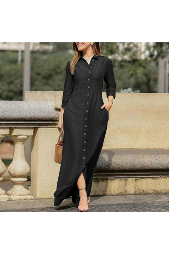 Women's Summer Denim Shirt Dress Lapel V Neck Short Sleeve Midi Jean Dress Button Down Long Dresses