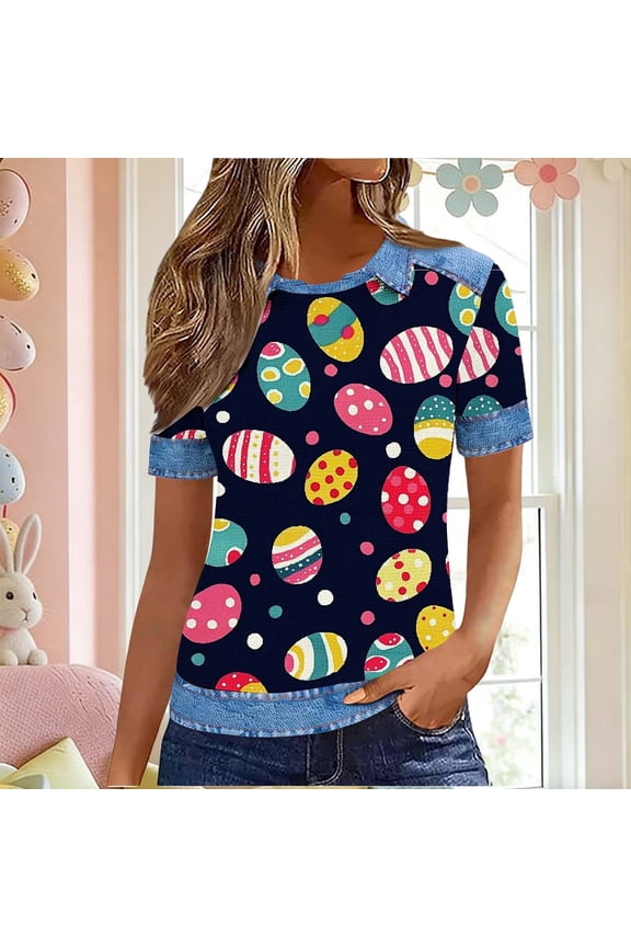 Women's Summer Round Neck Easter Print Waffle Weave Casual Collared Top With Short Sleeves For Spring Outings Easter Celebrations
