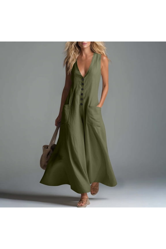 Women's Summer Sleeveless Button Down Cotton Tank Dress Loose A-Line Tiered Tunic Beach Dress