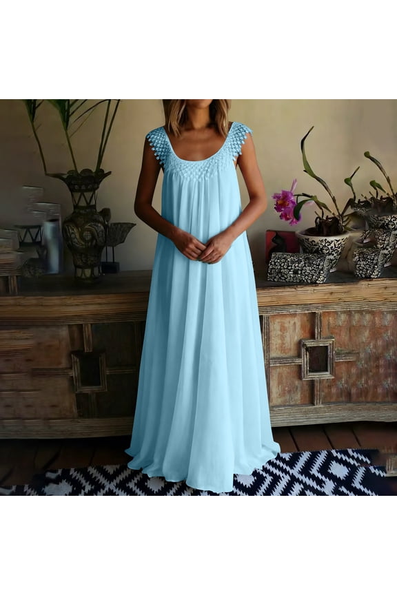 Women's Summer Sleeveless Crew Neck Ruffled Shoulder Pocket Maxi Dress Tiered Flowy Pleats A-Line Casual Daily Wear