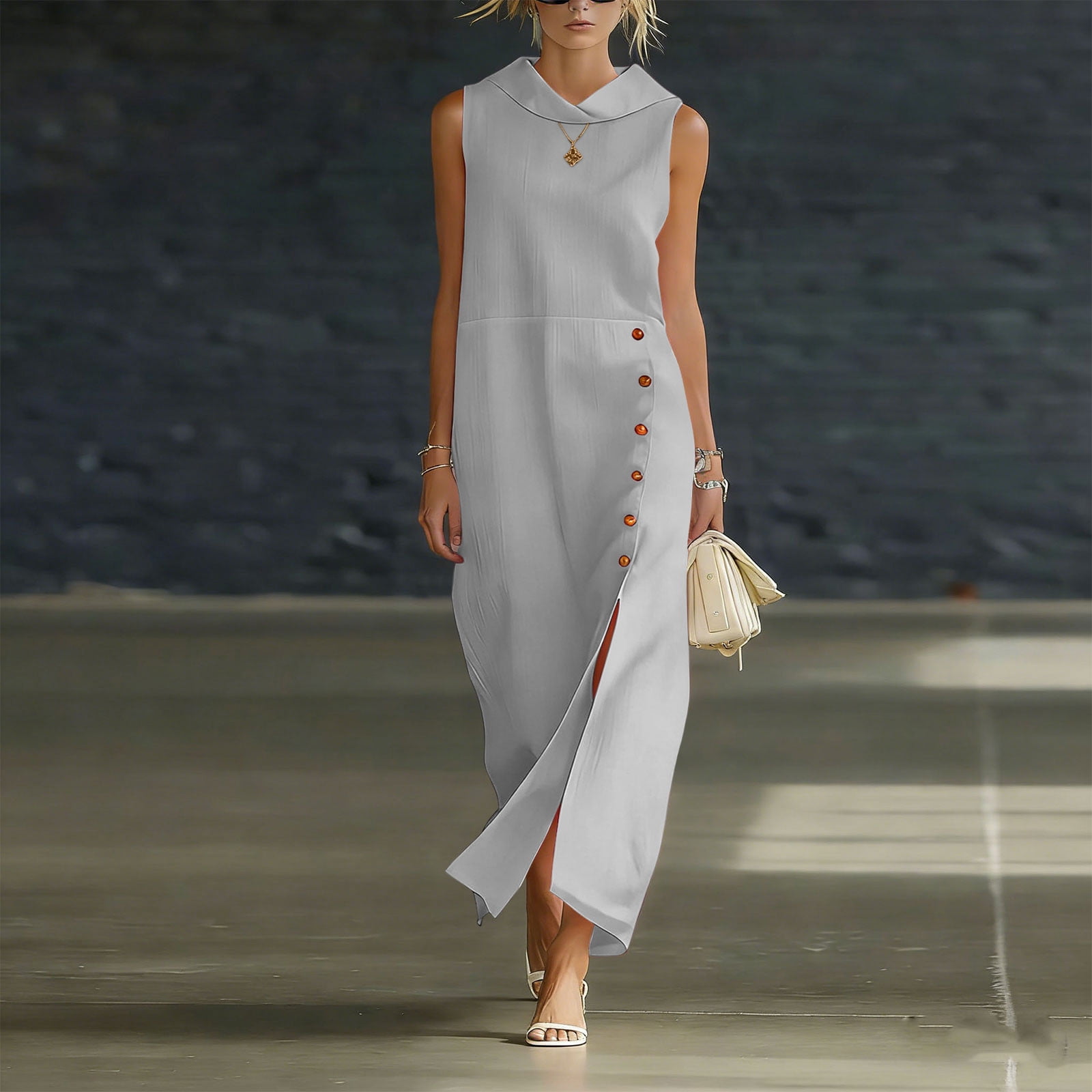 knit maxi dress with slit YueHuiYing Women's Summer Sleeveless Single Breasted Knit Maxi Dress Slit  Crew Neck Long Sweater Bodycon Dress
