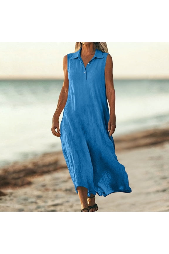 Women's Summer Solid-Color Button-Front Loose-Fit Flowing Tank Top-Style Long-Length Dress with Cotton-Linen Blend Effect