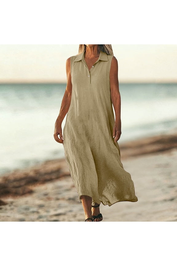 Women's Summer Solid-Color Button-Front Loose-Fit Flowing Tank Top-Style Long-Length Dress with Cotton-Linen Blend Effect