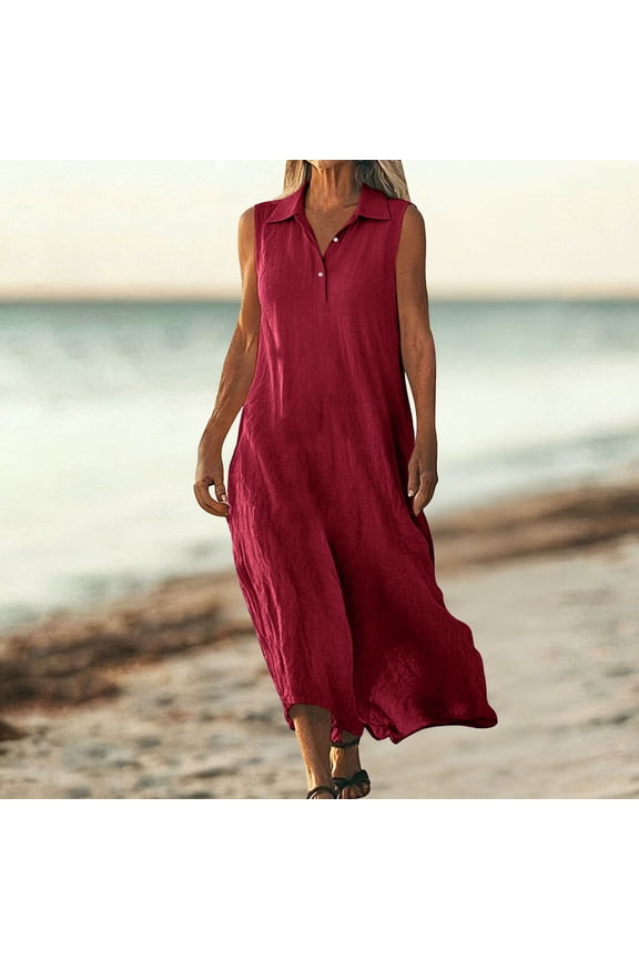 Women's Summer Solid-Color Button-Front Loose-Fit Flowing Tank Top-Style Long-Length Dress with Cotton-Linen Blend Effect