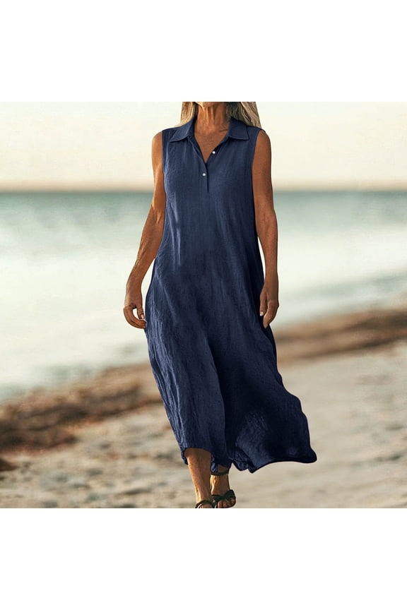 Women's Summer Solid-Color Button-Front Loose-Fit Flowing Tank Top-Style Long-Length Dress with Cotton-Linen Blend Effect