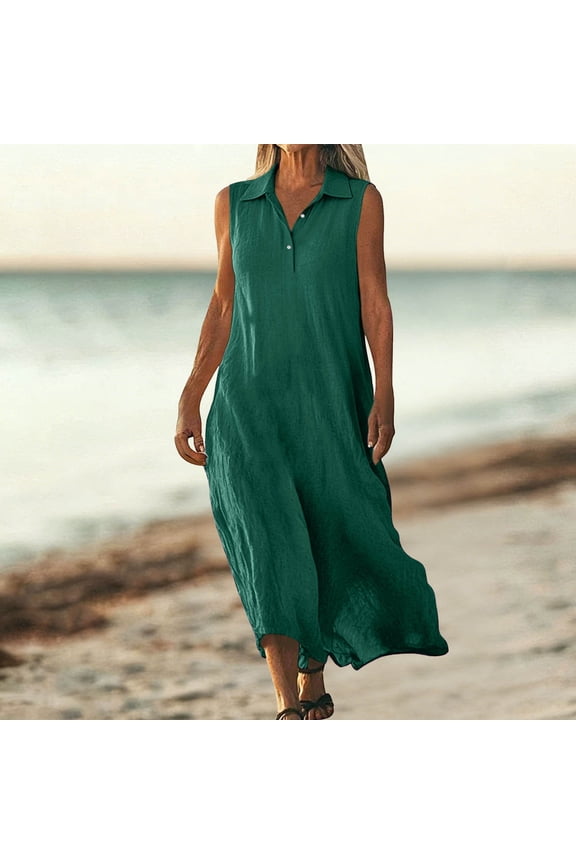 Women's Summer Solid-Color Button-Front Loose-Fit Flowing Tank Top-Style Long-Length Dress with Cotton-Linen Blend Effect