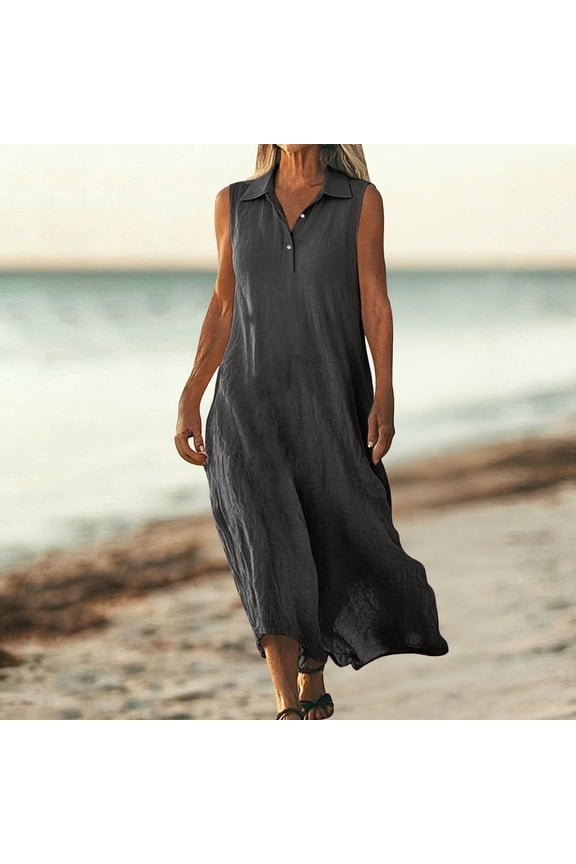 Women's Summer Solid-Color Button-Front Loose-Fit Flowing Tank Top-Style Long-Length Dress with Cotton-Linen Blend Effect