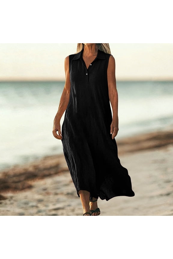 Women's Summer Solid-Color Button-Front Loose-Fit Flowing Tank Top-Style Long-Length Dress with Cotton-Linen Blend Effect