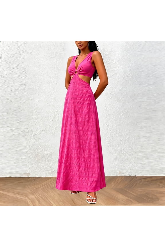 Women's Summer Tie Knot Cut Out Side Split Sleeveless Knit Bodycon Maxi Dress Vacation Long Sundress