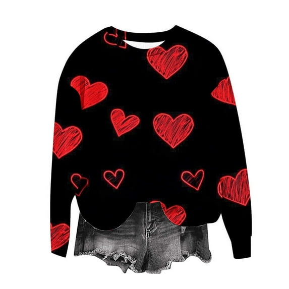 YueHuiYing Women's T-Shirt - Oversized Black & Pink Heart Print Crew Neck Long Sleeve Valentine's Day Sweet & Edgy Casual Loose Top