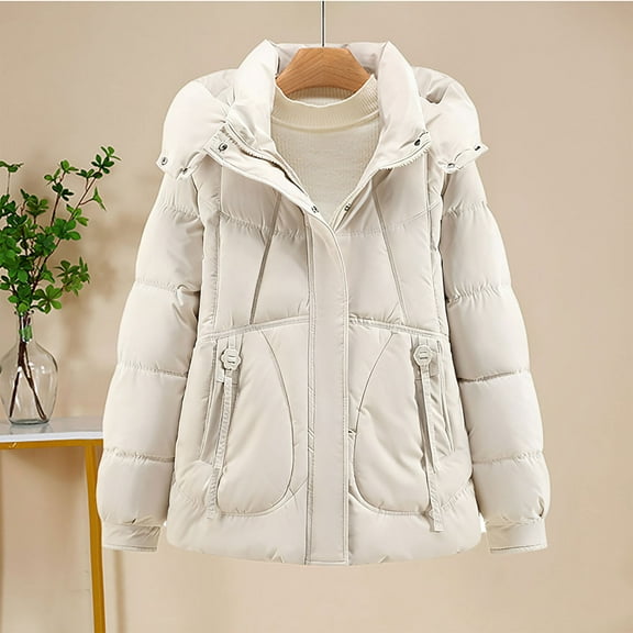 YueHuiYing Women's Thickened Warm Long Winter Large Pocket Casual Loose Hooded Solid Color Casual Jacket