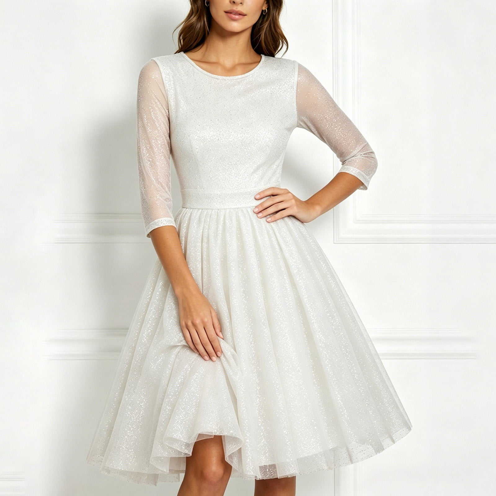 dress sequins sleeve women s quarter GLS by Gloria GL3434 - Long Chiffon A-Line Dress