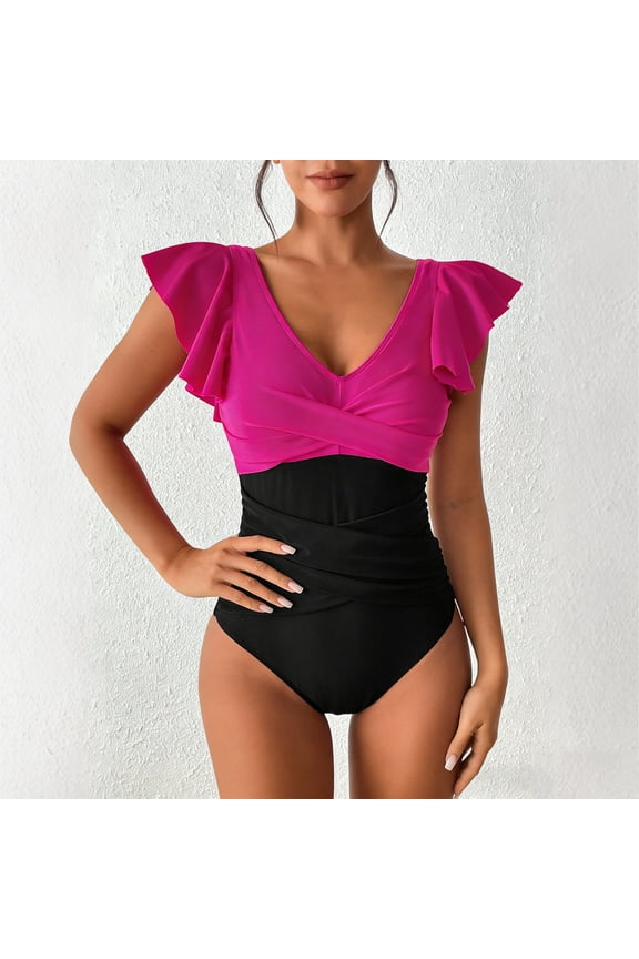 Women's Tummy Control One Piece Swimsuit Ruffle Square Neck Bathing Suit Ruched Cutout Back Slimming Swimwear