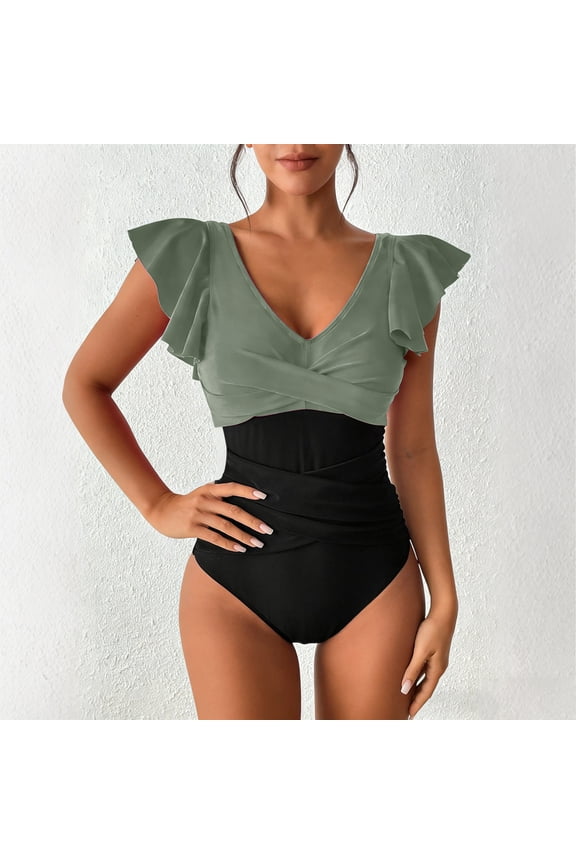 Women's Tummy Control One Piece Swimsuit Ruffle Square Neck Bathing Suit Ruched Cutout Back Slimming Swimwear