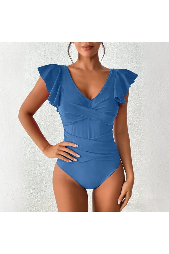 Women's Tummy Control One Piece Swimsuit Ruffle Square Neck Bathing Suit Ruched Cutout Back Slimming Swimwear