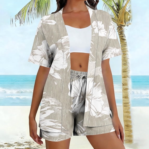 YueHuiYing Women's Two-Piece Shirt Sets Short Sleeve Summer Casual Linen Shirt Elastic Waist Short Sets Outfits