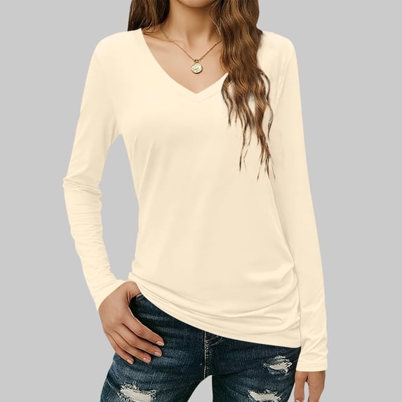 YueHuiYing Women's V-Neck Long-Sleeve Slim-Fit Solid Color Casual Pullover Top Long-Sleeve Top/Shirt