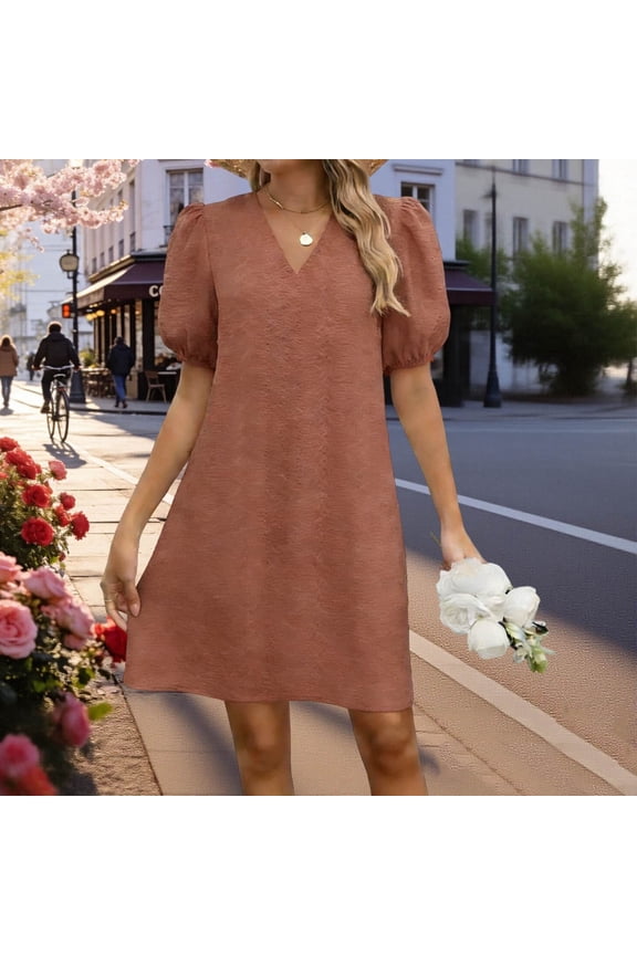 Women's V-Neck Puff Short Sleeve Knee-Length Midi Dress Court Style Elegant Vintage Casual Party Wedding Guest A-Line Dress