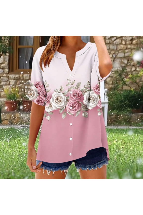 Women's V-Neck Short-Sleeve Loose-Fit Fashion T-Shirt Top with Non-Fixed Print Cotton-Linen Blend Button-Front