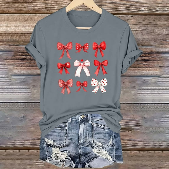 YueHuiYing Women's Valentine's Day Bow Graphic Fashion Casual Printed Round Neck Lovers Short Sleeved T-shirt Top
