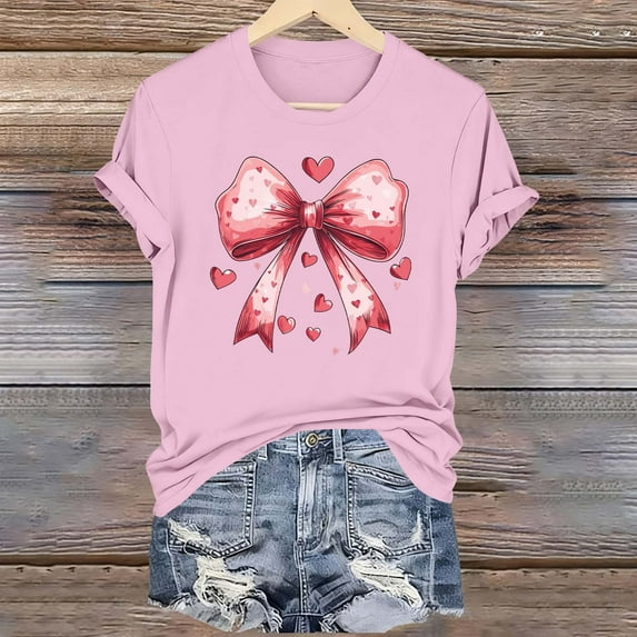 YueHuiYing Women's Valentine's Day Bow Graphic Fashion Casual Printed Round Neck Lovers Short Sleeved T-shirt Top