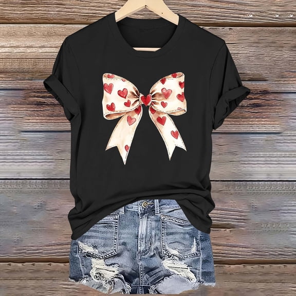 YueHuiYing Women's Valentine's Day Bow Graphic Fashion Casual Printed Round Neck Lovers Short Sleeved T-shirt Top