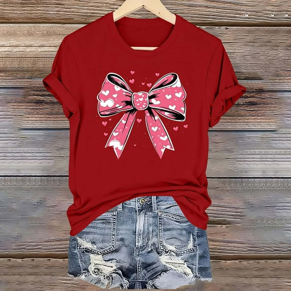 YueHuiYing Women's Valentine's Day Bow Graphic Fashion Casual Printed Round Neck Lovers Short Sleeved T-shirt Top