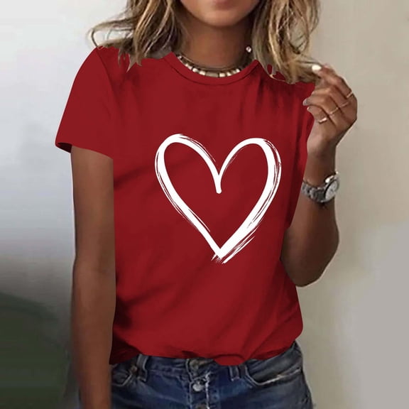 YueHuiYing Women's Valentine's Day Cartoon Heart Print Short Sleeve Round Neck Top Cute Graphic Tees T-Shirt