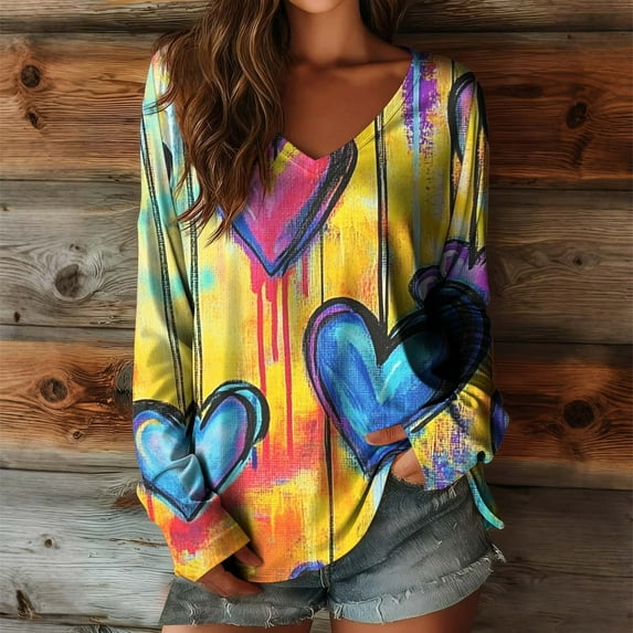 YueHuiYing Women's Valentine's Day Casual Loose Funny Sweet Heart Printed Pattern Long Sleeved V-neck Pullover Top