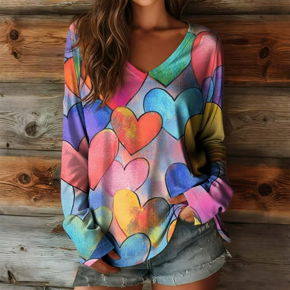 YueHuiYing Women's Valentine's Day Casual Loose Funny Sweet Heart Printed Pattern Long Sleeved V-neck Pullover Top