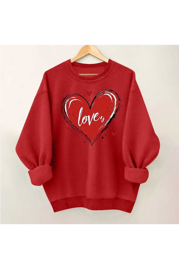 Women's Valentine's Day Heart Letter Print Long-Sleeve Crewneck Casual Sweatshirt