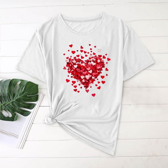 YueHuiYing Women's Valentine's Day Print Round-Neck Short Sleeve Casual Regular Comfy Pullover Blouse with Heart Print